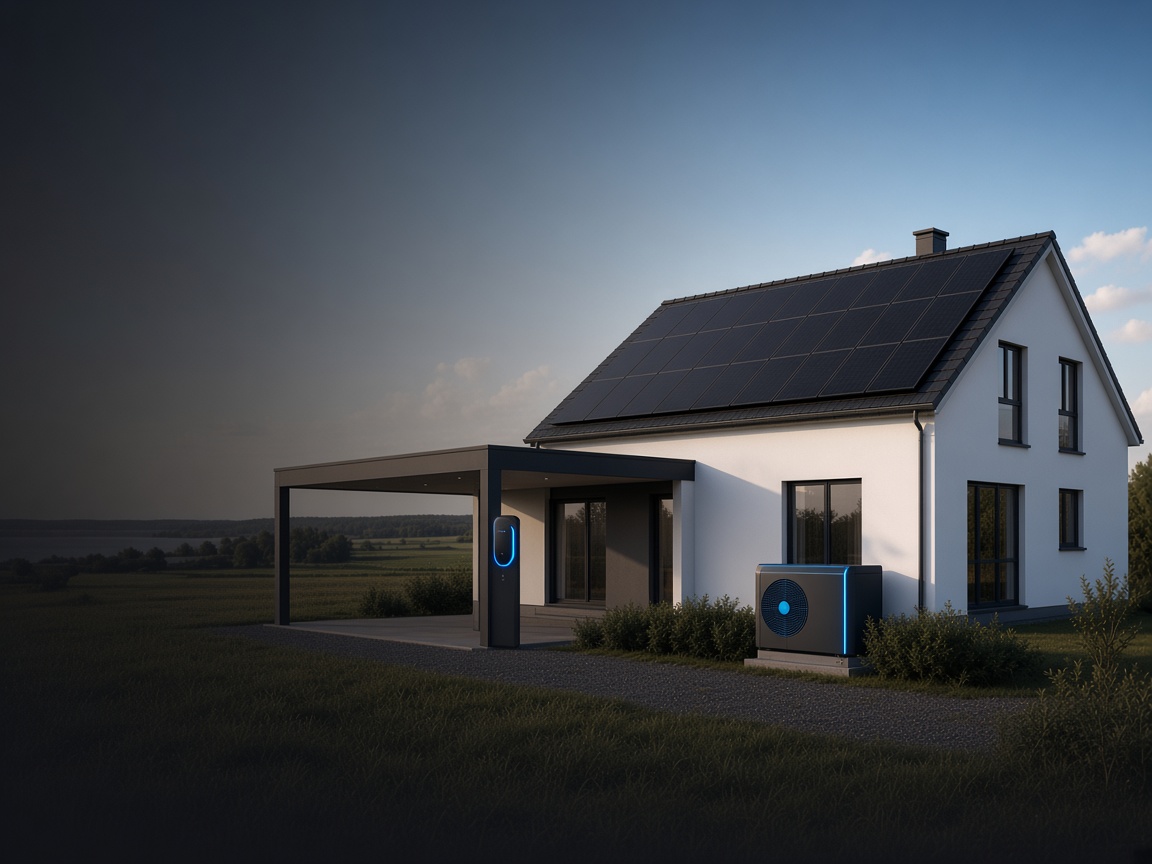 Abgestimmtes Energiesystem aus Photovoltaik, Wärmepumpe und Wallbox – KI-generiertes Symbolbild