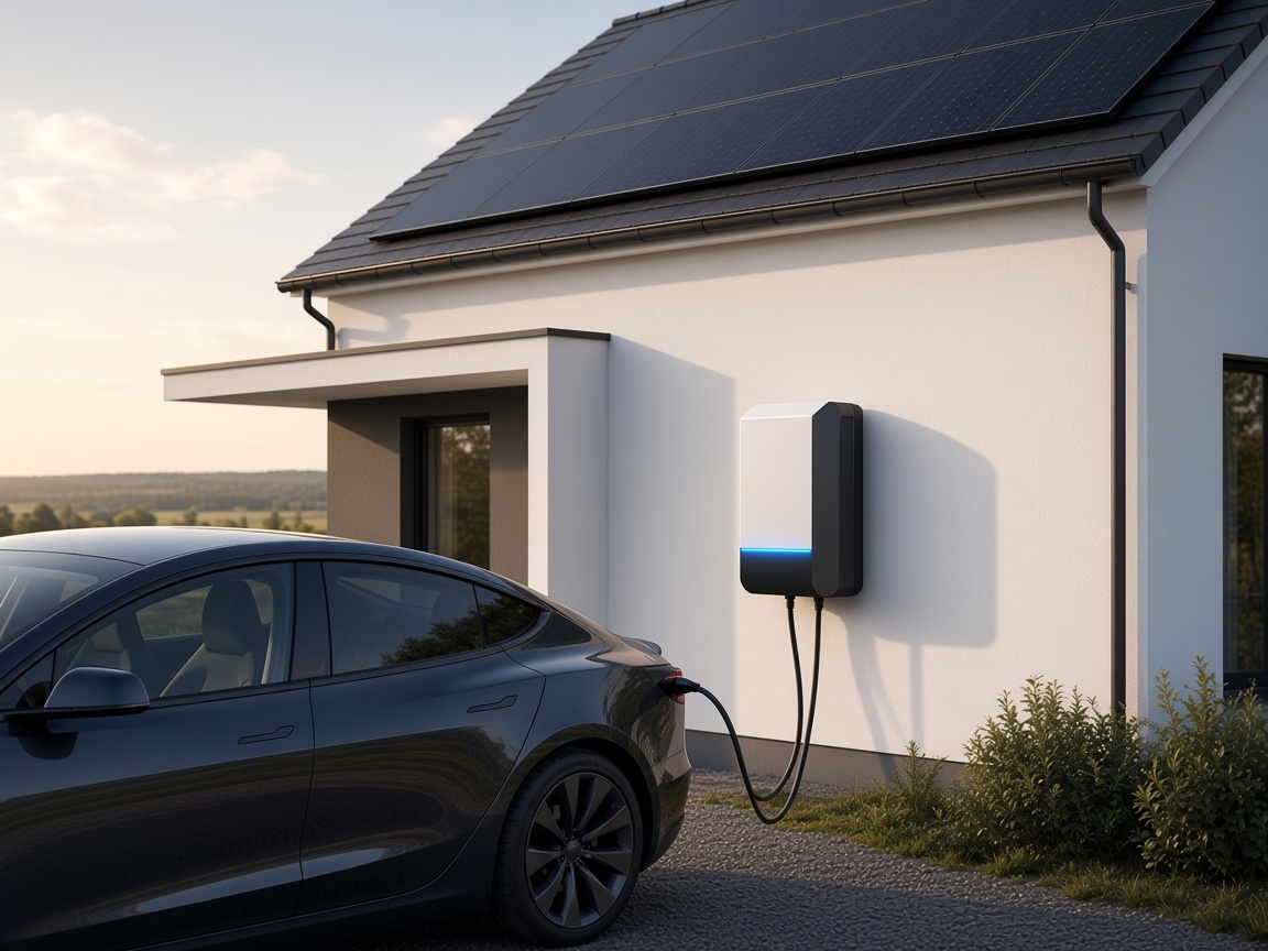 Wallbox mit Elektroauto und Photovoltaikanlage – KI-generiertes Symbolbild